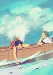  2boys 7nawon bare_shoulders black_hair blue_sky boat closed_eyes cloud cloudy_sky commentary earrings elbow_rest from_side glint green_hair hat hat_on_back head_rest jewelry male_focus monkey_d._luffy multiple_boys ocean on_boat one_piece outdoors profile red_vest roronoa_zoro shirt short_hair sky straw_hat upper_body vest water watercraft white_shirt 