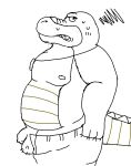2026 alligator alligatorid anthro avafterwhatever balls bottomwear brok_(brok_the_investigator) brok_the_investigator clothing cowcat_games crocodilian flaccid genitals male moobs nipples pants penis reptile scalie slightly_chubby small_penis solo