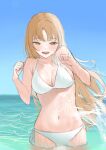  1girl bangs bikini bikini_day blush breasts cleavage highres light_brown_eyes light_brown_hair long_hair medium_breasts nao_0829_17 navel nijisanji ocean partially_submerged playing side-tie_bikini sister_cleaire sky smile solo splashing straight_hair swimsuit virtual_youtuber water white_bikini 