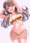 1girl :d absurdres alternate_costume arms_up ass_visible_through_thighs bikini breasts breasts_apart brown_hair collarbone commentary cowboy_shot front-tie_bikini_top front-tie_top frontrivers_kae fujishima_megumi gold_bikini half-closed_eyes hand_in_own_hair highres long_hair looking_at_viewer love_live! love_live!_hasu_no_sora_jogakuin_school_idol_club medium_breasts navel open_mouth purple_eyes side-tie_bikini_bottom simple_background smile solo standing stomach string_bikini swimsuit teeth two_side_up upper_teeth_only virtual_youtuber white_background 
