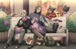  4boys alternate_costume animal_hat bag banzoin_hakka bench bird black_hair black_skin blue_eyes blue_hair cardigan cat_hat choker colored_extremities colored_skin commentary creature crossed_arms cup disposable_coffee_cup disposable_cup earrings gavis_bettel glasses grey_hair hair_between_eyes hakkito_(banzoin_hakka) hat highres holding holding_cup holostars holostars_english holotempus hood hoodie jewelry josuiji_shinri koipanion_(josuiji_shinri) leaning_on_object long_hair long_sleeves looking_at_another lying lying_on_lap machina_x_flayon machiroon_(machina_x_flayon) male_focus mechanical_tail medium_hair multicolored_hair multicolored_skin multiple_boys on_bench on_stomach open_mouth orange_eyes outdoors park_bench phantom_(gavis_bettel) pigeon pink_eyes pink_hair ponytail purple_hair rainycoffeebean red_hair short_hair sitting smile streaked_hair tail twitter_username untranslatable_commentary virtual_youtuber watch white_hair wristwatch 