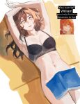  1boy 1girl black_bra book bra breasts brown_hair collarbone commentary covering_crotch covering_privates emilia_(tomodurien) english_commentary english_text long_hair looking_at_viewer lying on_back orange_hair original tomodurien underwear 