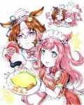  2girls :3 agnes_digital_(umamusume) ahoge animal_ears blue_eyes brown_hair commentary food garyuu_ryuuga hair_between_eyes headdress highres horse_ears horse_girl long_hair looking_at_viewer maid_headdress meisho_doto_(umamusume) multicolored_hair multiple_girls omelet omurice pink_eyes pink_hair puffy_short_sleeves puffy_sleeves short_sleeves traditional_media translation_request umamusume untranslatable_commentary waitress white_background white_hair 