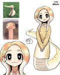  1girl black_eyes collar creature_and_personification gegegekman highres lamia monster_girl multicolored_hair original personification photo_inset reference_inset reptile_girl ribbed_sweater scales snake sweater tail two-tone_hair white_background 