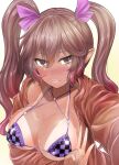  1girl arm_under_breasts bangs bikini bikini_tan bikini_top blush breasts brown_eyes brown_hair brown_jacket checkered checkered_bikini cleavage collarbone commentary eyebrows_visible_through_hair gradient gradient_background gradient_hair hair_between_eyes hair_ribbon himekaidou_hatate jacket large_breasts long_hair looking_at_viewer multicolored_hair open_clothes open_jacket pink_hair pointy_ears purple_ribbon redrawn ribbon selfie simple_background solo string_bikini swimsuit tan tanlines touhou twintails upper_body w y2 yellow_background 