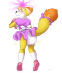accessory anthro blue_eyes blush booties bow_ribbon bunana canid canine clothed clothing crossdressing crown diaper dipstick_tail dress femboy feminization fennec_fox fox fur furgonomics headgear hi_res magic male mammal markings orange_body orange_fur pacifier princess_dress ribbons shirt simple_background solo sparkles standing tail tail_accessory tail_bow tail_markings tail_ribbon tiara topwear true_fox white_body white_fur yellow_body yellow_fur