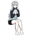  1girl bike_shorts black_shorts closed_mouth commentary_request copyright_request dinoyhs full_body grey_hair highres jacket korean_commentary long_hair long_sleeves no_shoes puffy_long_sleeves puffy_sleeves red_eyes shorts simple_background sitting socks solo track_jacket very_long_hair white_background white_jacket white_socks 