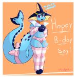 3_fingers 3_toes anthro arm_markings armwear birthday blue_body bodily_fluids bow_ribbon clothing eeveelution embarrassed english_text eyewear feet femboy fin fingers generation_1_pokemon goggles hi_res leg_markings legwear male markings nintendo orange_scarf panties pattern_armwear pattern_clothing pattern_legwear pink_armwear pink_clothing pink_panties pink_ribbon pink_underwear pokemon pokemon_(species) purple_eyes scarf solo striped_armwear striped_clothing striped_legwear stripes sweat sweatdrop tail tail_fin tail_markings text thick_tail thick_thighs toes underwear vaporeon vulpeku yellow_eyewear yellow_goggles