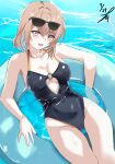  1girl absurdres alternate_costume bare_shoulders black_one-piece_swimsuit breasts brown_eyes brown_hair button_gap cleavage cleavage_cutout clothing_cutout collarbone commentary_request covered_navel dated eyewear_on_head feet_out_of_frame girls'_frontline girls'_frontline_2:_exilium groin highres light_blush looking_at_viewer lying medium_breasts medium_hair mole mole_under_eye ocean one-piece_swimsuit open_mouth qiuhua_(girls'_frontline_2) sidelocks smile solo sunglasses swimsuit takumi_munato type_97_shotgun_(girls'_frontline) water 