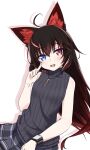  1girl :d ahoge animal_ear_fluff animal_ears asagi501 bare_arms blue_eyes breasts brown_hair character_request commentary_request finger_to_face fox_ears gradient_hair grey_skirt grey_sweater heterochromia highres jewelry key key_necklace looking_at_viewer messy_hair multicolored_hair necklace open_mouth pleated_skirt red_eyes red_hair ribbed_sweater simple_background skirt sleeveless sleeveless_sweater small_breasts smile solo sweater turtleneck turtleneck_sweater two-tone_hair upper_body vrchat watch white_background wristwatch 