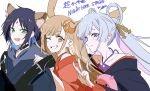  3girls animal_ears black_choker blonde_hair blue_hair blue_hoodie blue_kimono brown_eyes brown_hair cho_kaguya-hime! choker colored_inner_hair commentary_request crescent crescent_hair_ornament forehead_jewel fox_ears fox_girl green_eyes hair_ornament hair_rings hair_stick highres hood hood_down hoodie japanese_clothes kaguya_(cho_kaguya-hime!) kimono ligton1225 long_hair multicolored_hair multiple_girls one_eye_closed open_mouth pink_hair purple_eyes rabbit_ears rabbit_girl red_kimono runami_yachiyo sakayori_iroha short_hair simple_background w white_background white_hair 