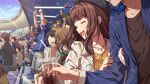  6+boys 6+girls :d ^_^ ahoge baseball_stadium beret black_hat black_shirt blue_jacket brown_hair card_commentary checkered_clothes checkered_jacket closed_eyes commentary_request cup day disposable_cup drink game_asset grabbing_another's_arm hair_down hat heart heart_necklace holding holding_cup holding_drink idolmaster idolmaster_million_live! idolmaster_million_live!_theater_days jacket jewelry long_hair multiple_boys multiple_girls multiple_necklaces necklace official_alternate_costume official_alternate_hairstyle official_art open_mouth out_of_frame outdoors producer_(idolmaster) shirt sitting smile stadium sweater third-party_source turning_head white_jacket yellow_sweater yokoyama_nao 