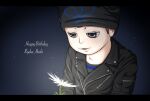  1boy beanie black_border black_hat black_jacket blue_background blue_shirt border brown_hair buttons character_name collarbone collared_jacket commentary_request danganronpa_(series) danganronpa_v3:_killing_harmony downturned_eyes english_text fake_horns flower grey_eyes grey_shirt happy happy_birthday hat highres holding holding_flower horned_headwear horns hoshi_ryoma jacket lapels leather leather_jacket letterboxed light_blush light_particles long_sleeves looking_at_flowers male_focus notched_lapels parted_lips pocket print_headwear prison_clothes shirt shiruko_(mikan4649) short_hair smile solo striped_clothes striped_shirt two-tone_shirt upper_body vignetting white_flower zipper zipper_pull_tab 