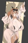 2_horns anthro areola big_areola big_breasts blue_eyes bovid breasts brown_hair caprine cigarette cigarette_in_mouth clothing doorway dullvivid female goat hair hi_res horn huge_breasts looking_at_viewer mammal mature_female nightgown object_in_mouth sagging_breasts short_tail smoking smoking_cigarette solo standing_in_doorway tail wide_hips