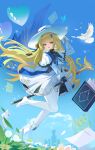  1girl absurdres black_gloves blonde_hair blue_sash blue_sky book boots chinese_commentary commentary_request day gloves hair_ornament hat highres holding holding_staff long_hair long_sleeves npp_(artist) open_mouth outdoors pantyhose phoebe_(wuthering_waves) purple_eyes riding sash shirt skirt sky solo staff tacet_mark_(wuthering_waves) white_boots white_hat white_pantyhose white_shirt white_skirt wuthering_waves x_hair_ornament 