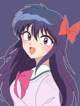  1girl :d ageha_(kyoukai_no_rinne) bow commentary_request eyeshadow hair_bow highres kyoukai_no_rinne long_hair makeup open_mouth pink_eyeshadow purple_background purple_hair red_bow red_eyes sailor_collar smile solo watermark white_sailor_collar yuzuna_12 