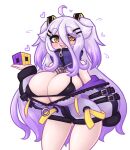  1girl @_@ ahoge alternate_breast_size_(larger) black_bra bra breasts commentary cube english_commentary gradient_hair hair_between_eyes hair_ornament henya_the_genius henya_the_genius_(1st_costume) highres huge_breasts jacket limebreaker long_bangs long_hair looking_at_viewer multicolored_hair nervous_sweating open_mouth purple_hair purple_jacket solo sweat thighs twintails underwear virtual_youtuber vshojo white_background yellow_eyes zipper_pull_tab 