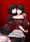  2girls absurdres amakura_mayu amakura_mio bandaged_leg bandages belt belt_buckle black_belt black_camisole black_hair black_leggings black_shirt black_skirt bob_cut breasts brown_camisole brown_eyes brown_shirt buckle buttons camera camisole camisole_over_clothes cheek-to-cheek commentary_request fatal_frame fatal_frame_ii:_crimson_butterfly feet_out_of_frame fingernails frilled_camisole frilled_sleeves frills gradient_background hands_up heads_together highres holding holding_camera hug hug_from_behind invisible_chair layered_skirt leggings looking_ahead looking_at_viewer medium_breasts miniskirt mononoke_(pixiv53597254) multiple_girls parted_lips red_background red_ribbon ribbon seiza shirt short_hair short_sleeves siblings sisters sitting skirt three-quarter_sleeves twins variant_set white_skirt 