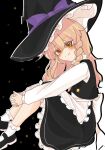  1girl absurdres apron black_hat black_shoes black_skirt black_vest blonde_hair blush bow braid closed_mouth commentary_request frilled_skirt frills hat hat_bow highres kirisame_marisa long_hair long_sleeves looking_at_viewer marisa_day mary_janes naitooo_45 purple_bow shoes side_braid single_braid skirt smile socks solo touhou vest waist_apron white_apron white_bow white_socks witch_hat yellow_eyes 