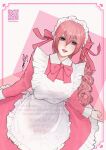 1girl apron artist_name blue_eyes bob_cut border bow bowtie commentary_request double-parted_bangs dress enmaided final_fantasy final_fantasy_xiii floating_ribbon hair_between_eyes hair_ribbon highres lipstick long_hair long_sleeves looking_at_viewer maid maid_apron maid_headdress makeup ornate_border outside_border parted_lips pink_bow pink_bowtie pink_dress pink_lips pink_ribbon ppnt690 qr_code ribbon serah_farron side_ponytail signature smile solo two-tone_background upper_body wavy_hair white_apron white_background white_headdress 