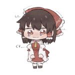  1girl arrow_(symbol) ascot blush bow brown_eyes brown_hair chibi chibi_only closed_mouth commentary_request detached_sleeves frilled_bow frilled_hair_tubes frills hair_bow hair_tubes hakurei_reimu highres long_hair multi-source_commentary red_bow red_skirt simple_background skirt skirt_set solo tearing_up touhou translation_request uzuki_(amayadori) wavy_mouth white_background yellow_ascot 