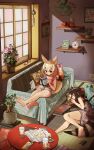  2girls absurdres alternate_costume alternate_hairstyle animal_ears bare_arms bare_legs bare_shoulders barefoot black_hair blonde_hair blue_dress book braid brown_hair casual ceiling_fan clock closed_mouth common_raccoon_(kemono_friends) contemporary couch day dress electric_fan extra_ears eyebrows_visible_through_hair eyewear_removed fennec_(kemono_friends) flower fox_ears fox_girl fox_tail french_braid glasses grey_hair grey_shorts hair_between_eyes hair_flower hair_ornament highres holding holding_book indoors kemono_friends looking_at_another lucky_beast_(kemono_friends) lying matryoshka_doll medium_hair multicolored_hair multiple_girls nanana_(nanana_iz) on_back on_side open_book open_mouth picture_(object) picture_frame pillow plant purple_hair raccoon_ears raccoon_girl raccoon_tail reading red_shirt shirt short_dress short_hair shorts sidelocks sleeping sleeveless soles striped striped_shirt stuffed_toy table tail toes two-tone_hair upshorts white_hair window 