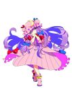  1girl bangs blue_eyes boots bow crescent crescent_hat_ornament dress frills full_body hair_bow hands_on_own_face hat hat_ornament highres kinako_(marubotan) long_hair mob_cap own_hands_together patchouli_knowledge purple_hair solo standing striped striped_dress tareme touhou white_background 