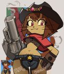  ammunition anthro bodily_fluids breasts cowgirl_outfit curvy_figure domestic_cat felid feline felis female gun handgun hi_res hourglass_figure kit_(gameoverse) looking_at_viewer mammal midriff navel official_art ranged_weapon revolver screencap smile smoking_gun solo sweat weapon womb_tattoo yos_ev666 