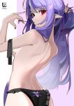  1girl ass back black_panties breasts chunidoor commentary_request copyright_logo highres logo looking_at_viewer medium_breasts panties pointy_ears purple_hair red_eyes simple_background solo topless_female underwear vivian_banshee white_background zenless_zone_zero 