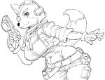  1girl animal_ears animal_nose bb_(baalbuddy) belt body_fur breasts cargo_pants cleavage cropped_jacket english_commentary finger_on_trigger fingerless_gloves fox_ears fox_mccloud fox_tail furry furry_female genderswap genderswap_(mtf) gloves greyscale groin gun handgun headgear highres holding holding_gun holding_weapon holster large_breasts lowleg lowleg_pants midriff monochrome narrow_waist navel neckerchief pants pistol scouter snout solo star_fox super_smash_bros. tail weapon wide_hips 