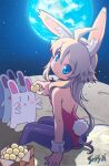  1girl :t afterimage animal_ear_fluff animal_ears artist_name ass bare_shoulders black_pantyhose blue_eyes blush_stickers brown_hair closed_mouth commentary_request creature dango earth_(planet) eating flailing food from_behind holding holding_food leotard long_hair looking_at_another looking_at_viewer looking_back moon moon_rabbit on_moon original outdoors pantyhose paper planet playboy_bunny queue rabbit rabbit_ears rabbit_girl rabbit_tail red_leotard shisui sitting space star_(sky) strapless strapless_leotard tail tsukimi_dango very_long_hair wagashi x_mouth |_| 
