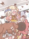  6+girls absurdres animal_ear_fluff animal_ears beetle black_hair blonde_hair bone_hair_ornament bow bowtie box brown_hair bug bug_cage butterfly_net cardboard_box chibi chibi_only commentary demon_girl demon_horns double_bun grey_hair hair_between_eyes hair_bun hair_ornament hand_net hat highres hololive horns inugami_korone kharuhi9637 la+_darknesss low_twintails momosuzu_nene momosuzu_nene_(1st_costume) multiple_girls nakiri_ayame office ookami_mio red_hair rhinoceros_beetle sakura_miko sakura_miko_(casual) screaming shaded_face signature tears twintails untranslatable_commentary virtual_youtuber 