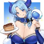 1girl animal_ears astro_(miilkywayz) blue_dress blue_eyes blue_hair breasts cake chocolate_cake cleavage closed_mouth cow_ears cow_girl cow_horns dress food fork highres holding holding_fork holding_plate horns indie_virtual_youtuber large_breasts long_hair looking_at_viewer miilkywayz mole mole_on_breast mole_under_mouth pinepin plate smile solo tongue tongue_out very_long_hair virtual_youtuber 