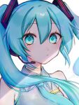  1girl blue_eyes blue_hair commentary_request grey_vest hatsune_miku highres long_hair microphone moku_karen simple_background solo twintails vest vocaloid white_background 
