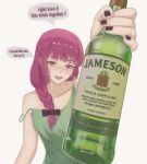  1girl alcohol ayu_mu00 bare_shoulders black_nails blush bocchi_the_rock! bottle braid collarbone commentary dress drunk english_text fang green_dress hair_over_shoulder highres hiroi_kikuri holding holding_bottle incoming_drink long_hair looking_at_viewer low-braided_long_hair low-tied_long_hair nail_polish open_mouth purple_eyes purple_hair sidelocks simple_background skin_fang smile solo speech_bubble spoken_expression strap_slip sweat twitter_username upper_body whiskey white_background 