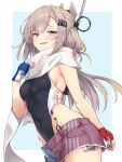  1girl american_flag american_flag_print asymmetrical_gloves black_one-piece_swimsuit blue_gloves breasts brown_eyes commentary_request covered_navel denim denim_skirt fingerless_gloves flag_print garter_straps gloves grey_hair headgear highleg highleg_one-piece_swimsuit kantai_collection long_hair low_ponytail mismatched_gloves one-piece_swimsuit ponytail print_skirt red_gloves scarf single_garter_strap skirt small_breasts solo super_highleg swimsuit two-tone_one-piece_swimsuit wahoo_(kancolle) white_scarf yuzuttan 