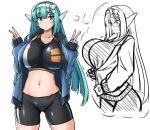  1girl :< aqua_hair ass_visible_through_thighs bike_shorts black_shorts black_sports_bra blue_eyes blue_jacket blush bow breasts closed_mouth collarbone commentary_request double_v generic_ooban_yaki green_hair hair_bow hairband highres huge_breasts jacket long_hair long_sleeves looking_at_viewer midriff multiple_views navel open_clothes original robot_ears shorts sports_bra track_jacket v white_background white_hairband y-0_(generic_ooban_yaki) 