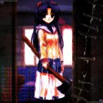  1girl axe blue_skirt clannad commentary distortion english_commentary english_text hair_bobbles hair_ornament highres hikarizaka_private_high_school_uniform holding holding_axe ichinose_kotomi jacket kneehighs kristianmaksak5 long_hair long_sleeves looking_at_viewer purple_eyes purple_hair sailor_collar school_uniform skirt socks solo turtleneck two_side_up white_sailor_collar yellow_jacket 