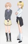  2girls absurdres black_hair black_shoes black_socks black_sweater blonde_hair breasts brown_eyes brown_hair buttons closed_mouth clothes_around_waist collared_shirt commentary_request earrings freckles grey_background hair_between_eyes hand_on_own_arm happy highres ichikawa_masahiro jewelry kneehighs large_breasts light_blush loafers long_sleeves looking_at_another looking_at_viewer looking_to_the_side loose_socks medium_breasts miniskirt multicolored_hair multiple_girls necktie paid_reward_available pleated_skirt purple_necktie red_eyes roots_(hair) salute school_uniform shirt shoes short_hair sidelocks simple_background skirt sleeves_rolled_up small_breasts smile socks standing sweater sweater_around_waist tanaka_mako two-finger_salute two-tone_hair untucked_shirt watashi_ga_motenai_no_wa_dou_kangaetemo_omaera_ga_warui! white_shirt white_socks yellow_skirt yoshida_masaki 
