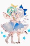  2girls :d ascot black_shoes blue_bow blue_eyes blue_skirt blue_vest blush bow bowtie cirno commentary_request daiyousei fairy fairy_wings full_body green_eyes green_hair hug ice ice_wings kneehighs leg_up looking_at_viewer multiple_girls open_mouth red_bow red_bowtie sahanna shirt shoes short_sleeves side_ponytail simple_background skirt smile socks star_(symbol) touhou vest white_background white_shirt white_shoes white_socks wings yellow_ascot yellow_bow 