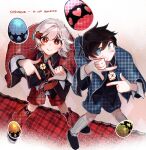  2boys absurdres akinashi_haru bandage_on_face bandaged_knees bandages bandaid bandaid_on_face black_hair black_jacket black_shoes blue_cape blue_eyes blue_shorts blush bright_pupils brown_jacket cape collared_jacket collared_shirt commentary dress_shirt easter_egg egg english_commentary english_text hair_between_eyes hair_over_one_eye highres jacket kneehighs leg_warmers male_focus medium_hair multiple_boys parted_bangs plaid_cape plaid_clothes plaid_leg_warmers plaid_shorts pout red_cape red_eyes red_shorts saihate_eki shirt shoes short_hair shorts sidelocks smile socks speech_bubble tatsunami_shion tosteurmori unmoving_pattern white_pupils white_shirt white_socks yaoi 
