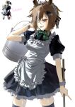  1girl absurdres ahoge alternate_costume animal_ears apron black_dress black_thighhighs blue_eyes bow breasts brown_hair bucket dress fang figure g0ldmonk green_bow hair_ornament hair_over_one_eye highres holding holding_bucket holding_mop horse_ears horse_girl looking_at_viewer maid maid_apron maid_headdress medium_breasts mop multicolored_hair open_mouth photo-referenced photo_inset rulership_(umamusume) short_hair short_sleeves skin_fang smile solo streaked_hair thighhighs umamusume white_apron white_headdress white_wrist_cuffs wrist_cuffs 