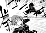  1boy 1girl black_hair breasts chaos;child clothes_lift cropped_jacket defeat dress floating_clothes from_behind greyscale hair_between_eyes hekiho_academy_school_uniform highres jacket jacket_lift medium_breasts miyashiro_takuru monochrome motion_lines official_art onoe_serika open_mouth outstretched_arms re_lucy sailor_collar school_uniform science_adventure short_dress short_hair stitched surprised third-party_edit third-party_watermark white_sailor_collar wide-eyed 