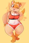 2023 anthro blush bottomwear breasts brown_body brown_fur clothing cute_fangs digital_media_(artwork) domestic_ferret fangs female front_view fur hi_res looking_at_viewer mammal mustelid musteline navel one_eye_closed open_mouth orange_bottomwear orange_clothing orange_shorts orange_topwear pawberry shorts simple_background smile solo tail teeth topwear true_musteline weasel wink winking_at_viewer