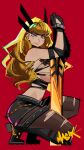  1girl armor blonde_hair blue_eyes breasts cleavage commentary english_commentary highres holding holding_sword holding_weapon long_hair looking_at_viewer magik's_crown magik_(x-men) marvel marvel_rivals shorts sword tngkbmarlon torn_clothes weapon x-men 