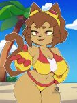 anthro beach bikini biped brown_ears brown_hair brown_tail clothed clothed_anthro clothed_female clothing domestic_cat felid feline felis female female_anthro gameoverse genyacero glitch_productions hair hi_res kit_(gameoverse) mammal navel red_eyes solo standing swimwear tail two-piece_swimsuit white_bikini white_clothing white_swimwear yellow_body yellow_sclera