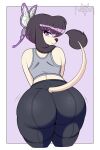 absurd_res accessory alys_faiblesse_(zelripheth) anthro bent_over big_breasts big_butt black_hair breasts butt canid canine canis clothing domestic_dog eyebrow_piercing eyeshadow facial_markings facial_piercing female hair hair_accessory head_markings hi_res leggings legwear looking_at_viewer looking_back makeup mammal markings piercing poodle purple_eyes purple_eyeshadow raised_tail rear_view shirt short_hair simple_background solo standard_poodle tail tank_top topwear wide_hips zelripheth