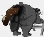adrian_dough anthro anus backsack balls bear bear_(adriandough) bent_over big_balls bodily_fluids body_hair bone bones_in_feces breath butt_hair disposal drooling excessive_feces feces foreskin furniture genital_fluids genitals hairy heart_symbol hi_res hyper hyper_feces looking_back male mammal onomatopoeia overweight overweight_male penis picnic_table precum pubes puffy_anus pushing_out ribs saliva short_tail size_difference skull solo sound_effects table tail tears text thought_bubble tusks