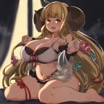  1girl :d ahoge anila_(granblue_fantasy) bangs barefoot bikini blonde_hair blunt_bangs blush breasts commentary_request detached_sleeves draph eyebrows_visible_through_hair granblue_fantasy hair_ornament horns kawacchi_hirohiro large_breasts long_hair looking_at_viewer navel open_mouth ribbon-trimmed_bikini ribbon-trimmed_sleeves ribbon_trim sheep_horns short_eyebrows sitting smile solo swimsuit thick_eyebrows very_long_hair wariza white_bikini yellow_eyes 