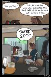 2:3 anthro beverage black-kitten black_border blue_eyes bodily_fluids border brown_body brown_fur brown_hair canid canine canis clothed clothed_anthro clothed_female clothed_male clothing coffee coffee_cup comic computer container cup dialogue domestic_dog duo electronics embarrassed english_text eyes_closed female female_anthro floppy_ears fully_clothed fully_clothed_female fully_clothed_male fur furniture green_eyes hair hi_res highlights_(coloring) hybrid inside ken_(black-kitten) lagomorph laptop leporid long_ears looking_at_another male male_anthro mammal maya_(black-kitten) offscreen_character open_mouth page_number ponytail rabbit red_highlights speech_bubble table text wide_eyed